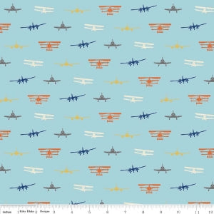 Airplanes Silhouette Blue Cotton Lycra Knit Fabric by Riley Blake