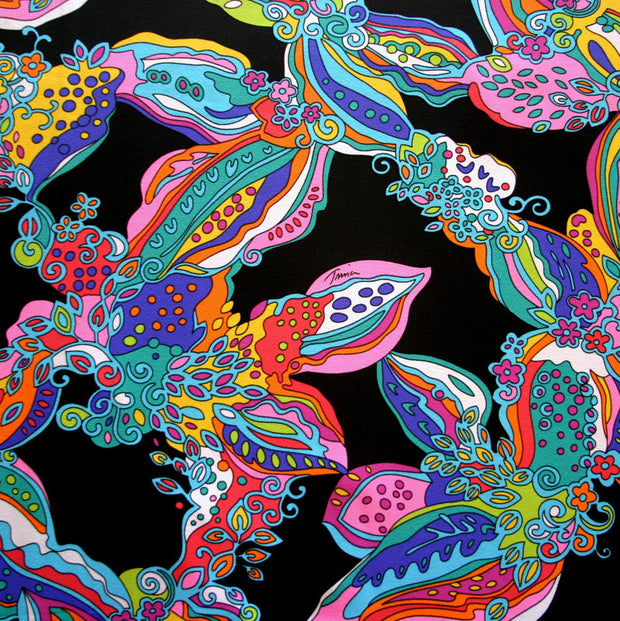 Large Colorful Paisley on Black Nylon Lycra Swimsuit Fabric