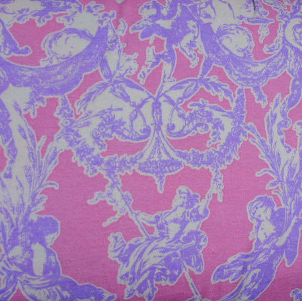 Lavender Toile on Pink Cotton Knit Fabric