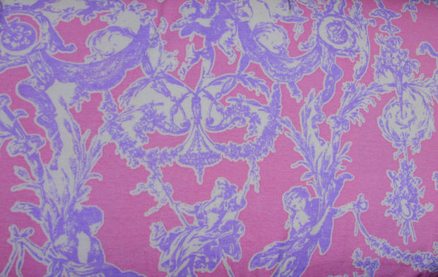 Lavender Toile on Pink Cotton Knit Fabric