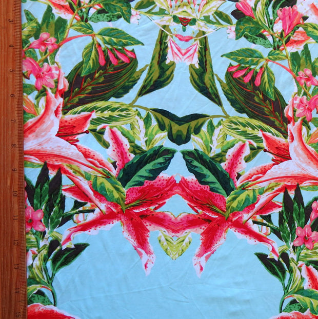 Lily Paradise on Blue Nylon Spandex Swimsuit Fabric