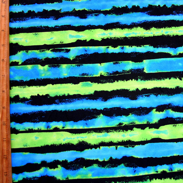 Lime, Blue, and Black Distressed Stripe Nylon Lycra Swimsuit Fabric