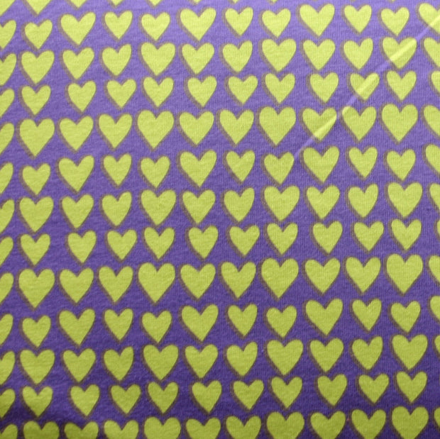 Lime Green Hearts on Purple Cotton Lycra Knit Fabric