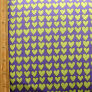 Lime Green Hearts on Purple Cotton Lycra Knit Fabric