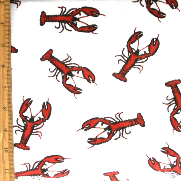 Red Lobsters on White Cotton Knit Fabric - 31" Remnant Piece