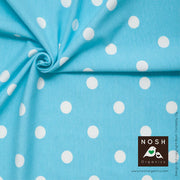 Natural Polka Dots on Capri Blue Organic Cotton Lycra Knit Fabric by Nosh Organics