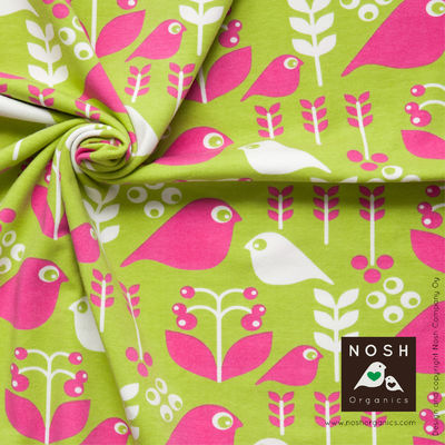 Good Morning Organic Cotton Lycra Knit Fabric by Nosh Organics, Lime/Fuchsia Colorway