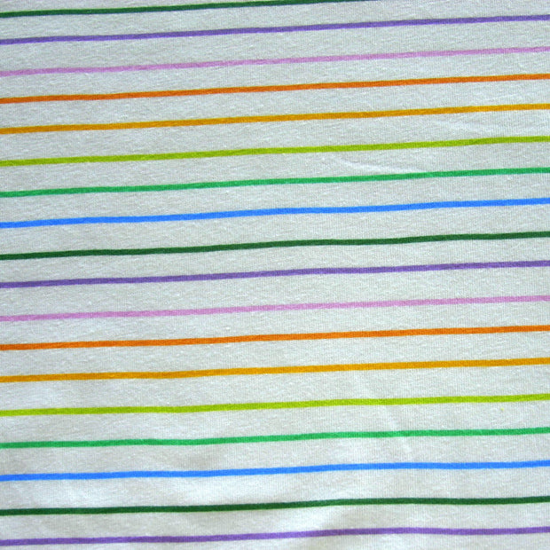 Mini Rainbow Stripes on Creme Cotton Lycra Knit Fabric