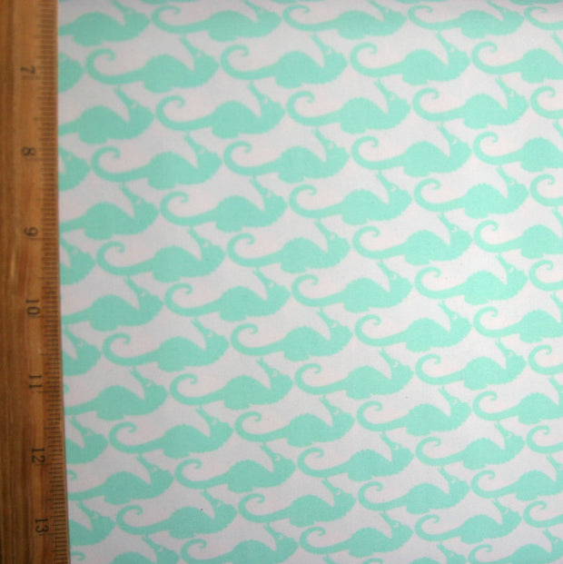Mint Seahorses on White Nylon Lycra Swimsuit Fabric