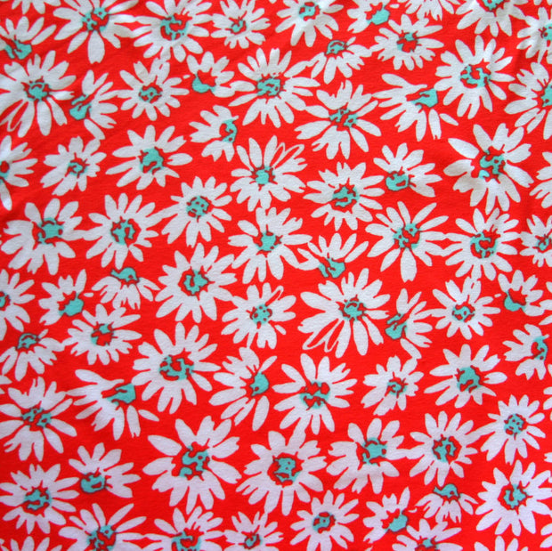 Mod Daisies on Red Cotton Lycra Knit Fabric