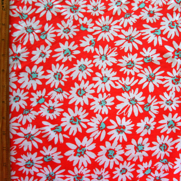 Mod Daisies on Red Cotton Lycra Knit Fabric