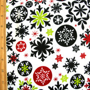 Mod Snowflakes on White Cotton Knit Fabric
