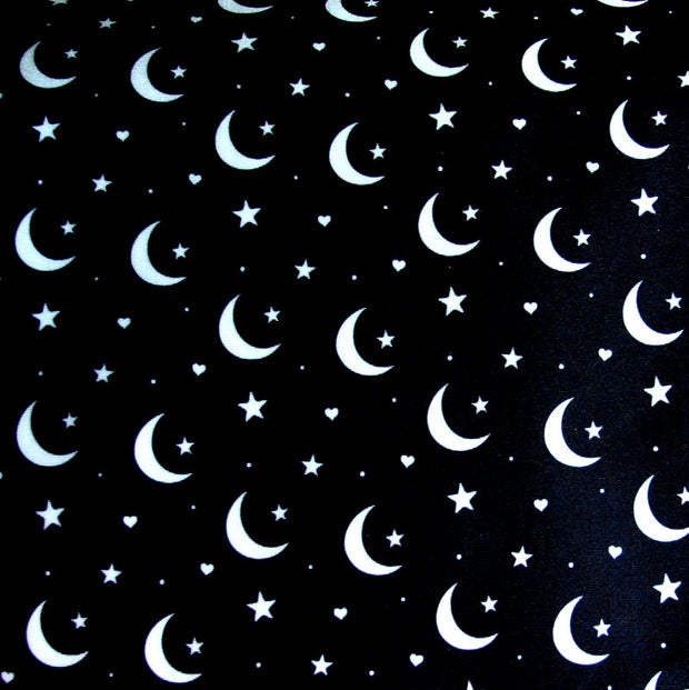 White Moons, Stars, and Hearts on Black Nylon Lycra Swimsuit Fabric
