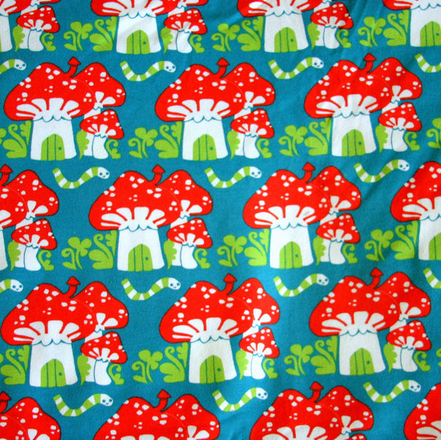 Mushroom Houses Organic Cotton Lycra Knit Fabric by Mussukat