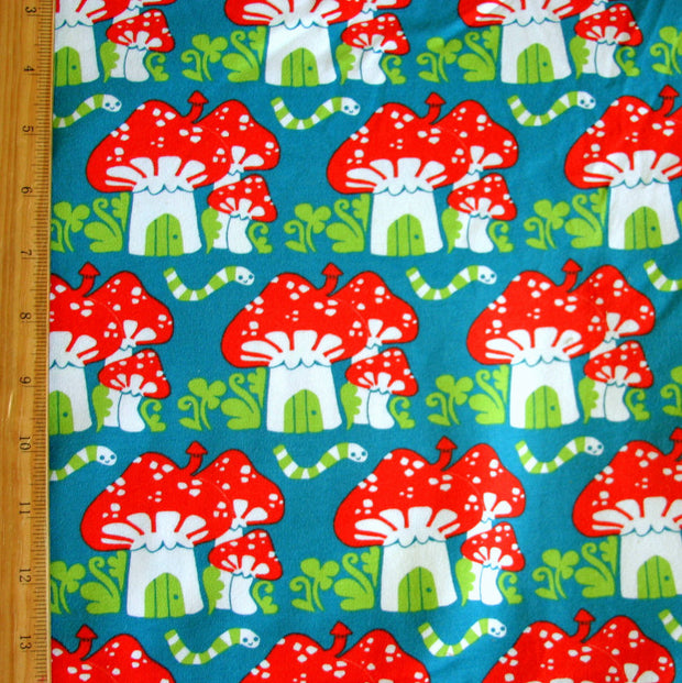 Mushroom Houses Organic Cotton Lycra Knit Fabric by Mussukat
