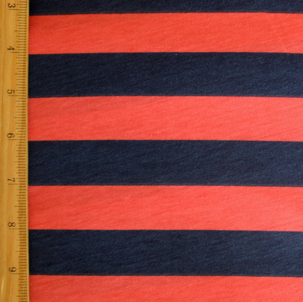Navy and Coral 1" Stripe Knit Fabric