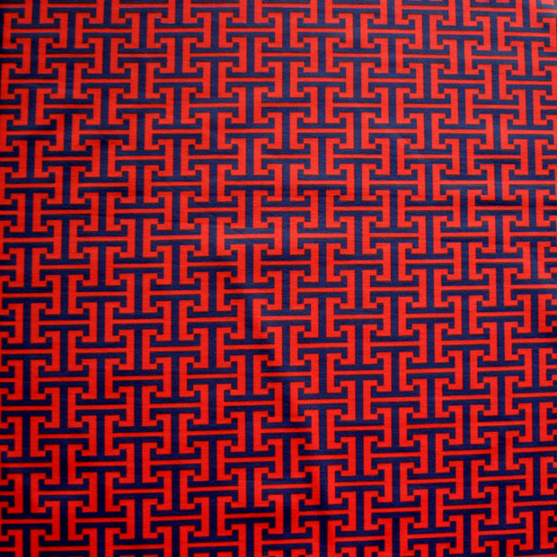 Navy Interlocking Abstract on Red Nylon Lycra Swimsuit Fabric