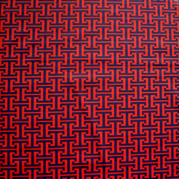 Navy Interlocking Abstract on Red Nylon Lycra Swimsuit Fabric - 18" Remnant