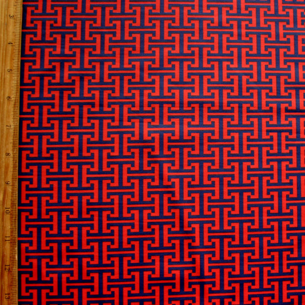 Navy Interlocking Abstract on Red Nylon Lycra Swimsuit Fabric