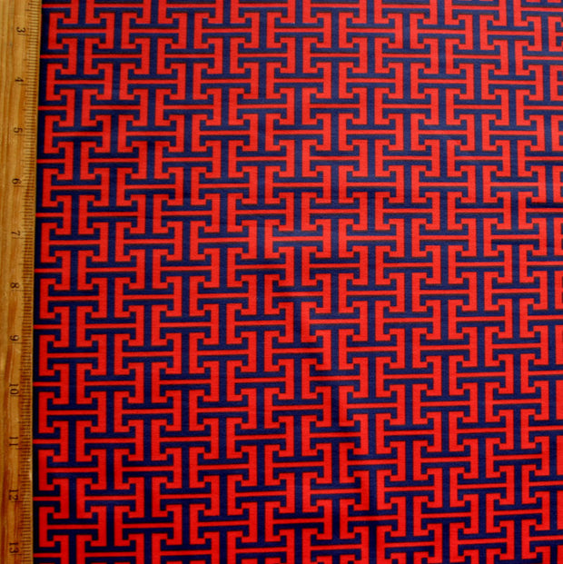 Navy Interlocking Abstract on Red Nylon Lycra Swimsuit Fabric - 18" Remnant