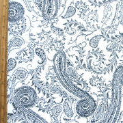 Navy Paisley on White Cotton French Terry Fabric