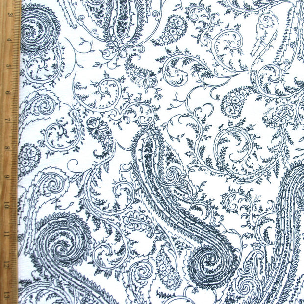 Navy Paisley on White Cotton French Terry Fabric