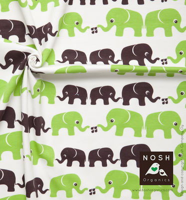 Elephants Organic Cotton Interlock Knit Fabric by Nosh Organics, Green Colorway