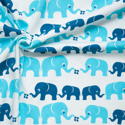 Elephants Organic Cotton Interlock Knit Fabric by Nosh Organics, Capri Blue Colorway