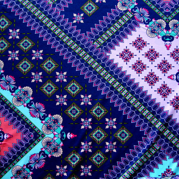Navy, Mint, Peach, and Coral Patchwork Nylon Lycra Swimsuit Fabric