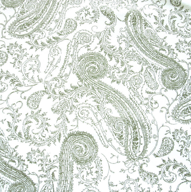 Olive Paisley on White Cotton French Terry Fabric