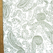 Olive Paisley on White Cotton French Terry Fabric