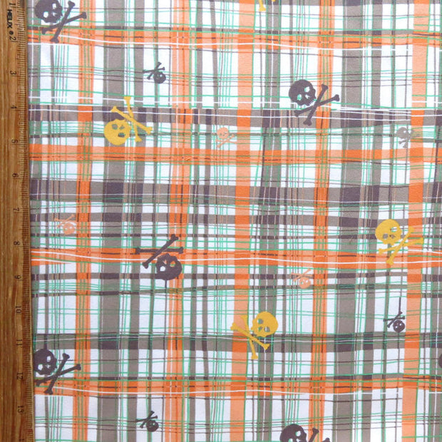 Orange, Brown, and Green Edgy Checkers with Skulls Microfiber Boardshort Fabric