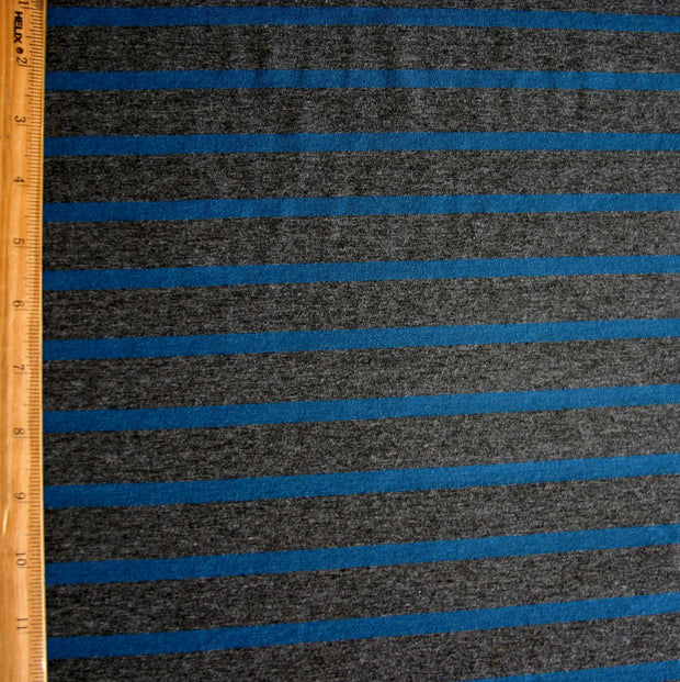 Pacific and Charcoal Heathered Grey Stripe Bamboo Cotton Spandex Jersey Fabric