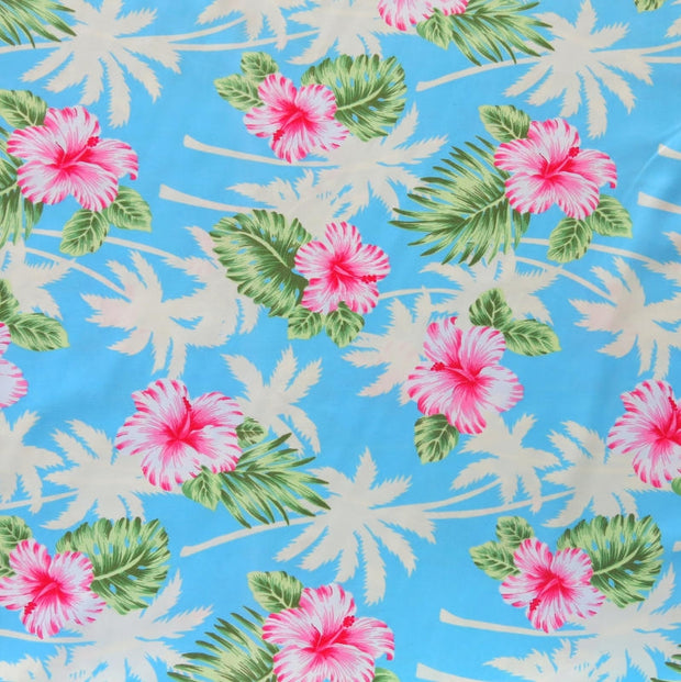 Palms and Hibiscus on Blue Microfiber Boardshort Fabric - Seconds - Not Quite Perfect