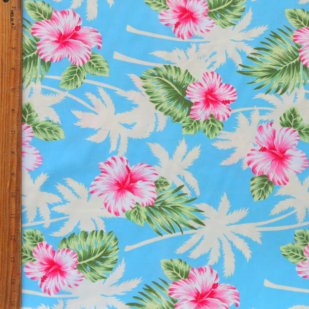 Palms and Hibiscus on Blue Microfiber Boardshort Fabric - Seconds - Not Quite Perfect