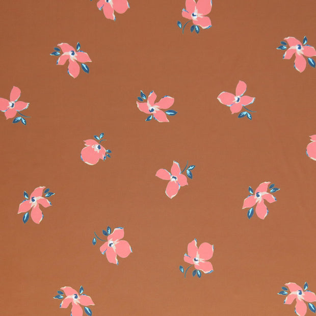 Peach Floral on Terra Cotta Nylon Spandex Swimsuit Fabric