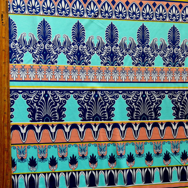 Mint, Peach, and Navy Fleur de Lis Stripe Nylon Spandex Swimsuit Fabric
