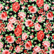 Peachy Keen Roses on Black Cotton Lycra Knit Fabric