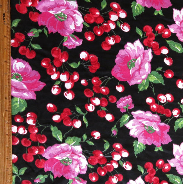 Peonies and Cherries Cotton Spandex Knit Fabric