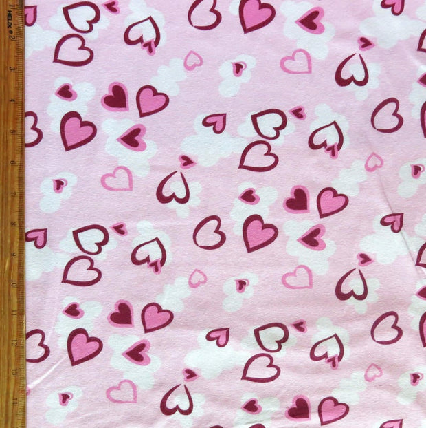 Pink and Burgundy Hearts on Light Pink Cotton Spandex Knit Fabric - 23" Remnant
