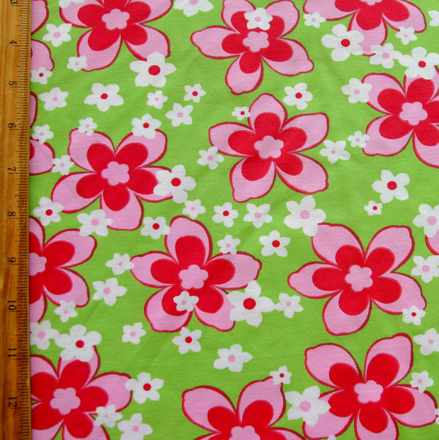 Pink Flowers on Lime Nylon Lycra Swimsuit Fabric