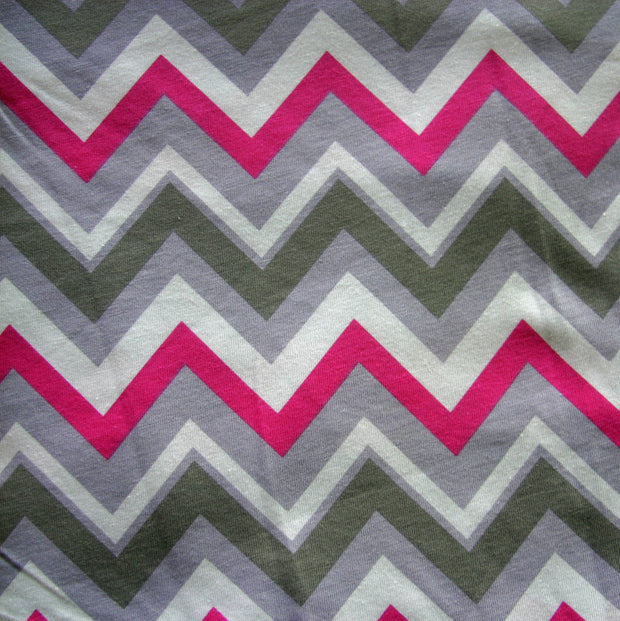 Pink, Green, and Grey Chevrons on White Jersey Knit Fabric