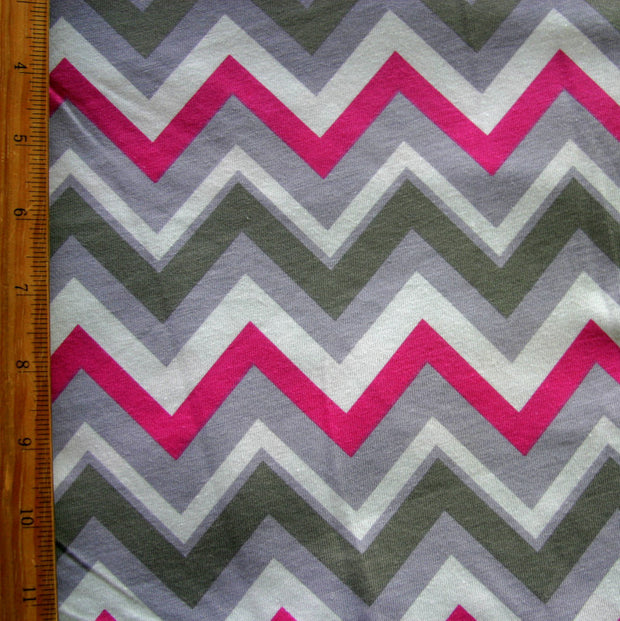 Pink, Green, and Grey Chevrons on White Jersey Knit Fabric