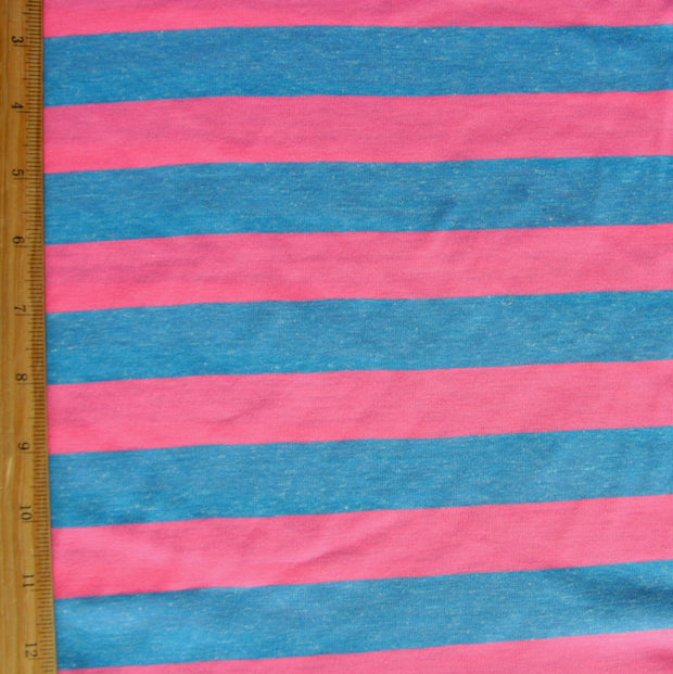 Pink and Heathered Blue 1 Inch wide Stripe Knit Fabric
