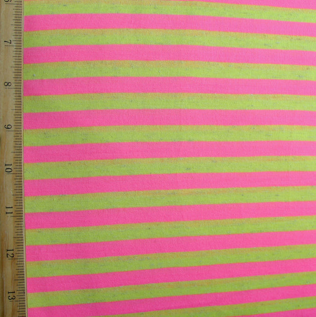 Pink and Heathered Fluorescent Yellow 3/8" wide Stripe Knit Fabric - 21" Remnant