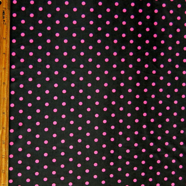 Pink Aspirin Polka Dots on Black Nylon Spandex Swimsuit Fabric