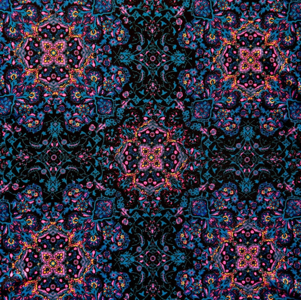 Teal, Pink, and Tangerine Paisley on Black Nylon Spandex Swimsuit Fabric