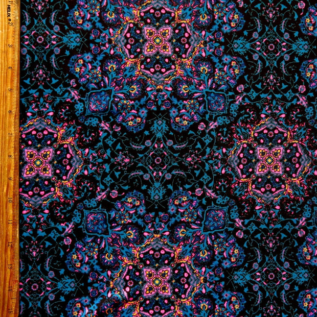 Teal, Pink, and Tangerine Paisley on Black Nylon Spandex Swimsuit Fabric