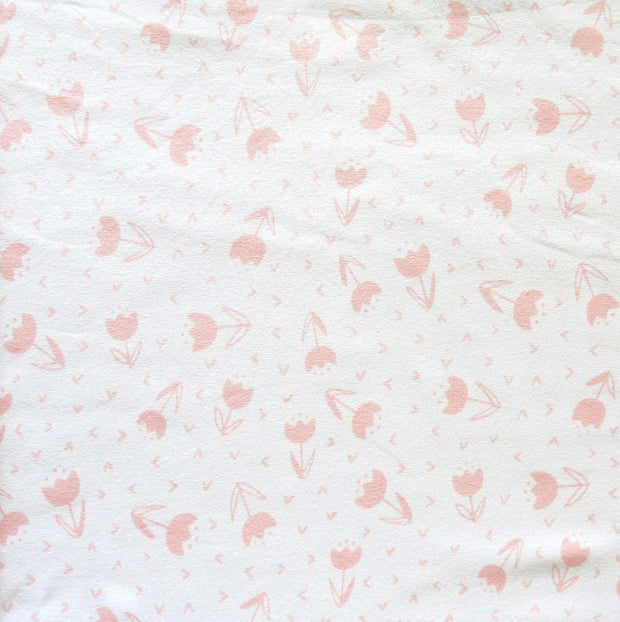 Pink Tulips on White Cotton Lycra Knit Fabric
