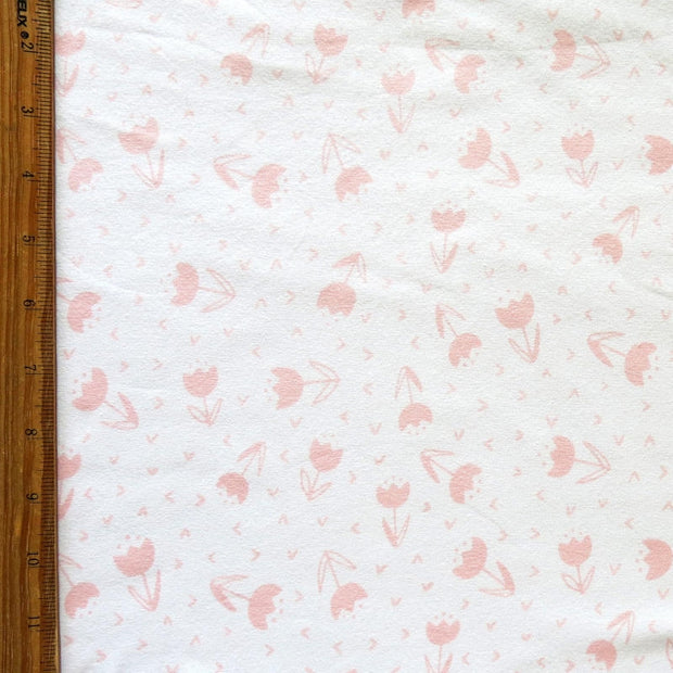Pink Tulips on White Cotton Lycra Knit Fabric